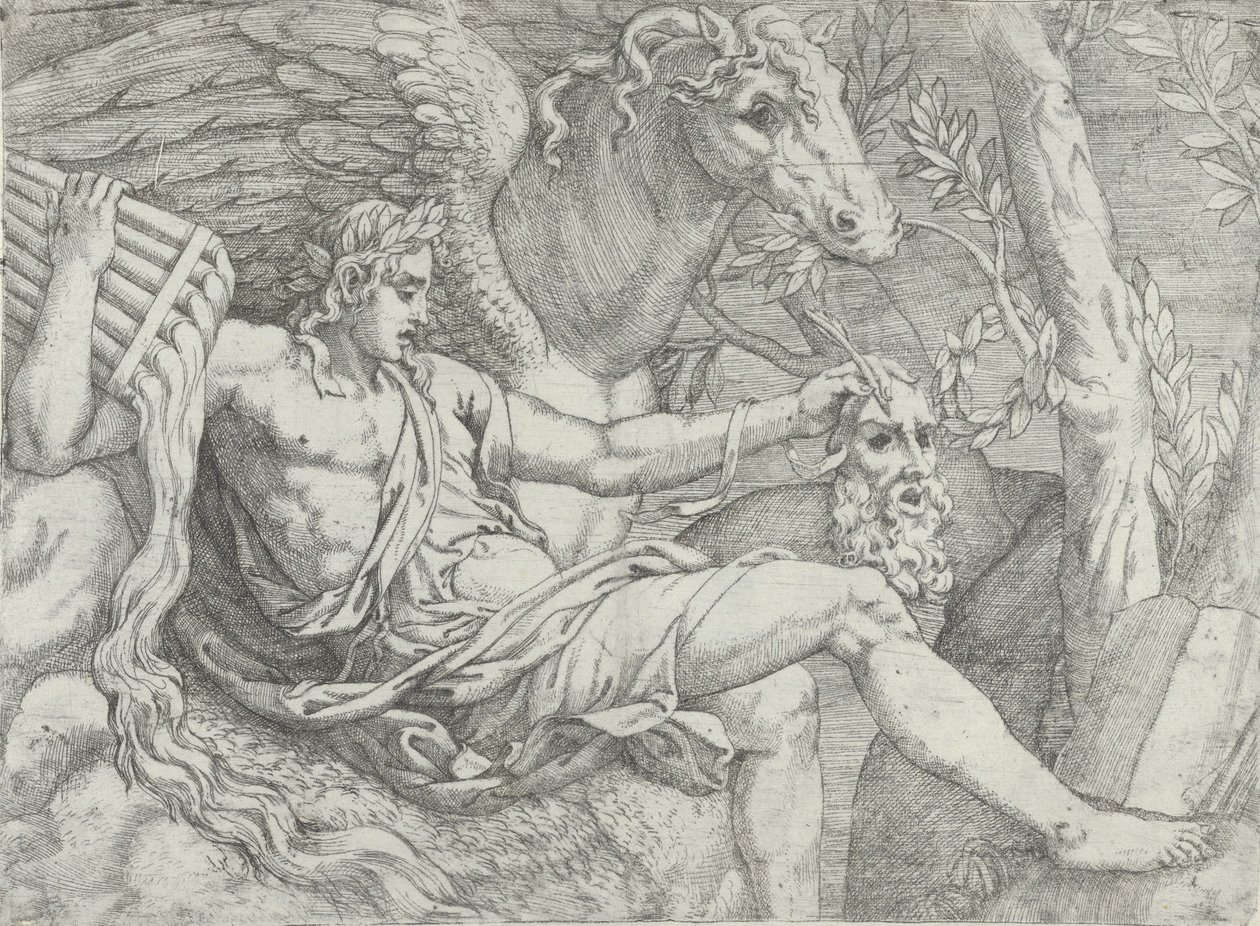 Apollon tenant des pipes dans sa main droite accompagné de Pégase, 1556-60 - Angiolo Falconetto