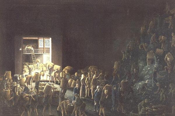 Remplissage des caisses de thé ; et fabrication du thé dans le premier processus, vers 1820 (une paire) vers 1820 - Anglo Chinese School