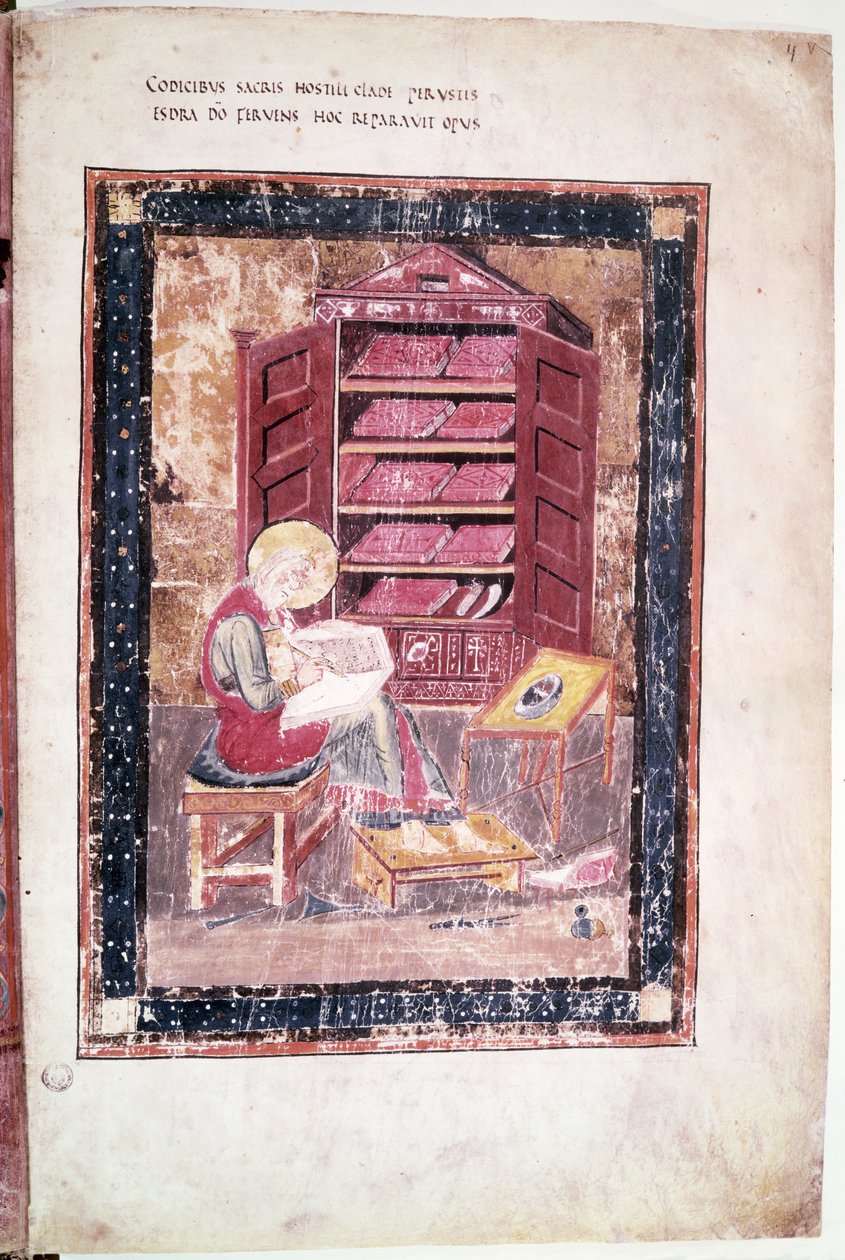 Ms 1 f.vr Ezra écrivant les livres sacrés de mémoire en 458 av. J.-C., du Codex Amiatinus - Anglo Saxon