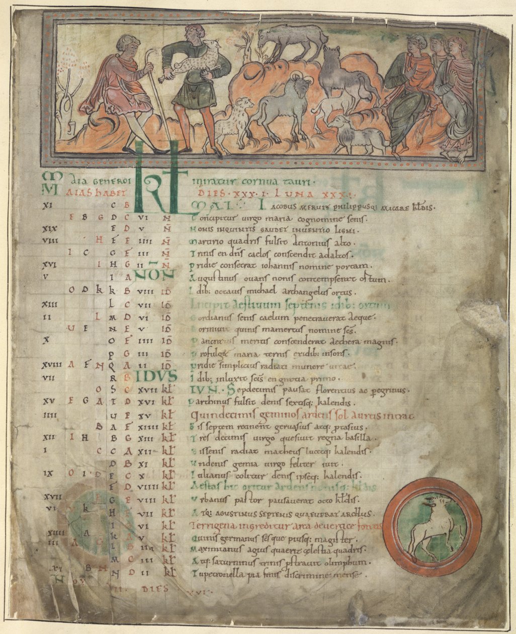 Cotton Tiberius B. V, Partie 1, f.5 Page de calendrier pour mai. Garder les moutons. Deux bergers avec leur troupeau, l