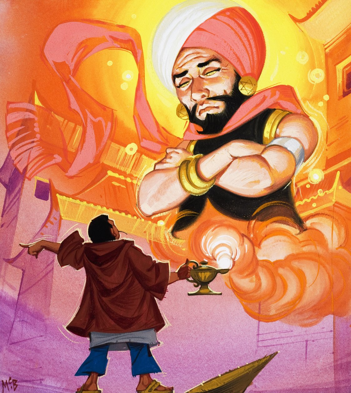 Aladin commandant le Génie, illustration de "Aladin et sa lampe merveilleuse" (gouache sur papier) - Angus McBride
