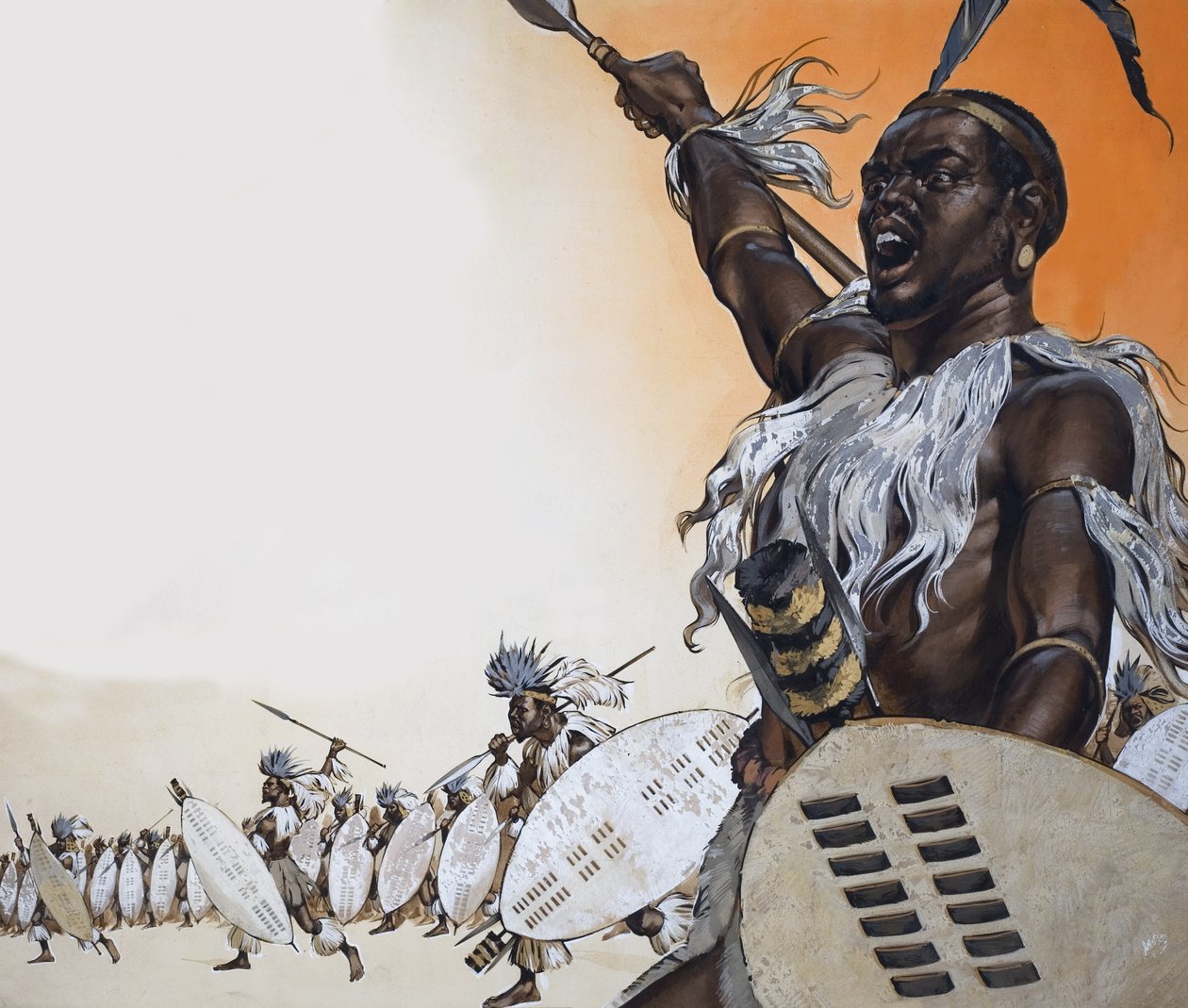 Chaka au combat à la tête du régiment de Tulwana impi (gouache sur papier) - Angus McBride