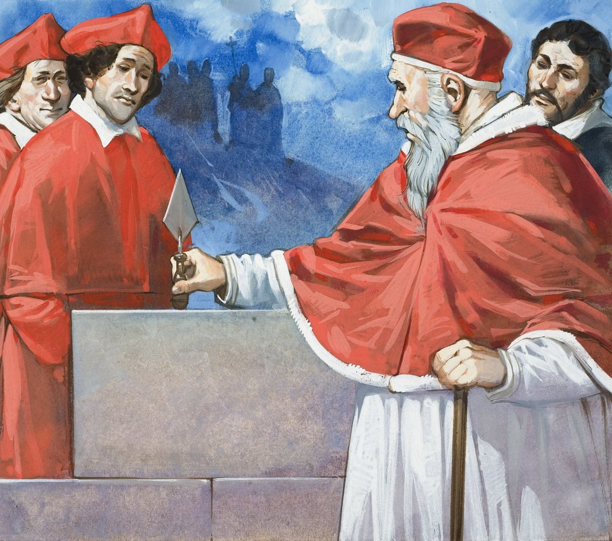 Le pape Jules II (1443-1513) posant la première pierre de Saint-Pierre en 1506 (gouache sur papier) - Angus McBride