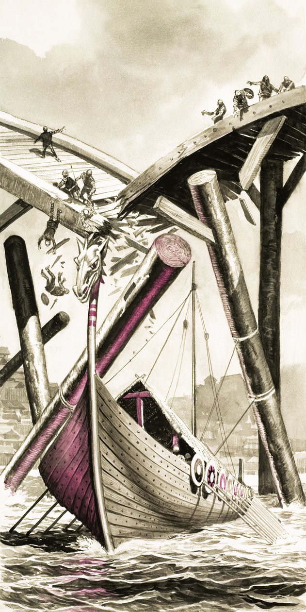 Chaloupe viking non identifiée détruisant un pont - Angus McBride