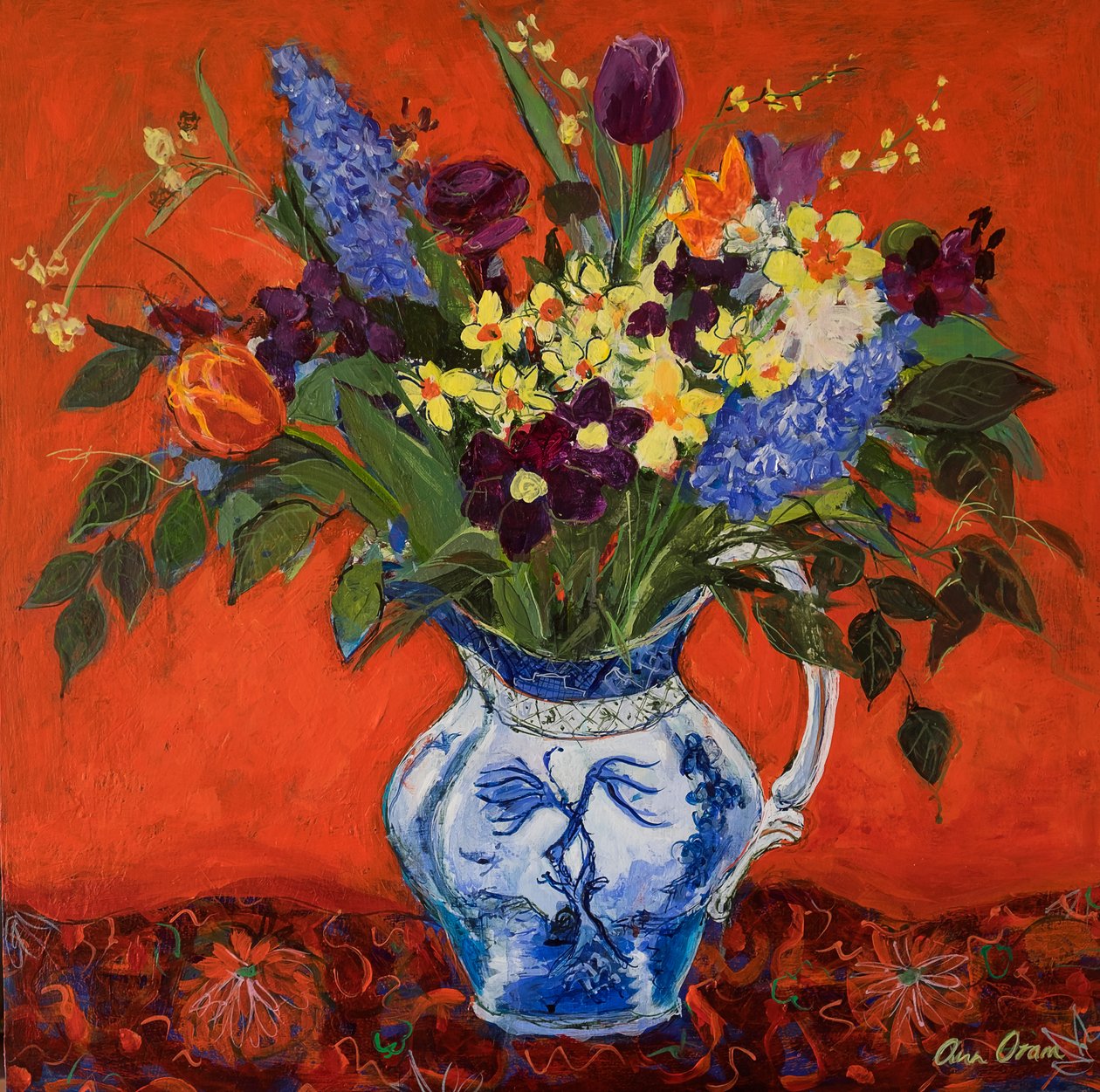 Fleurs de printemps sur fond rouge, 2017 - Ann Oram