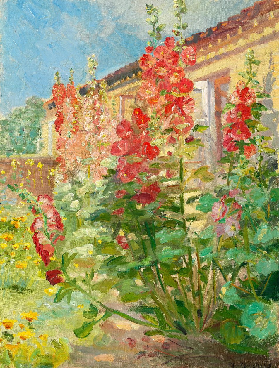Des roses trémières rouges dans le jardin de la famille Ancher à Markvej à Skagen. - Anna Ancher
