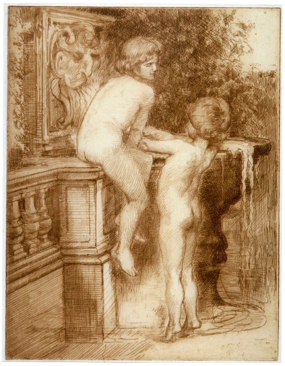 Deux garçons à une fontaine d