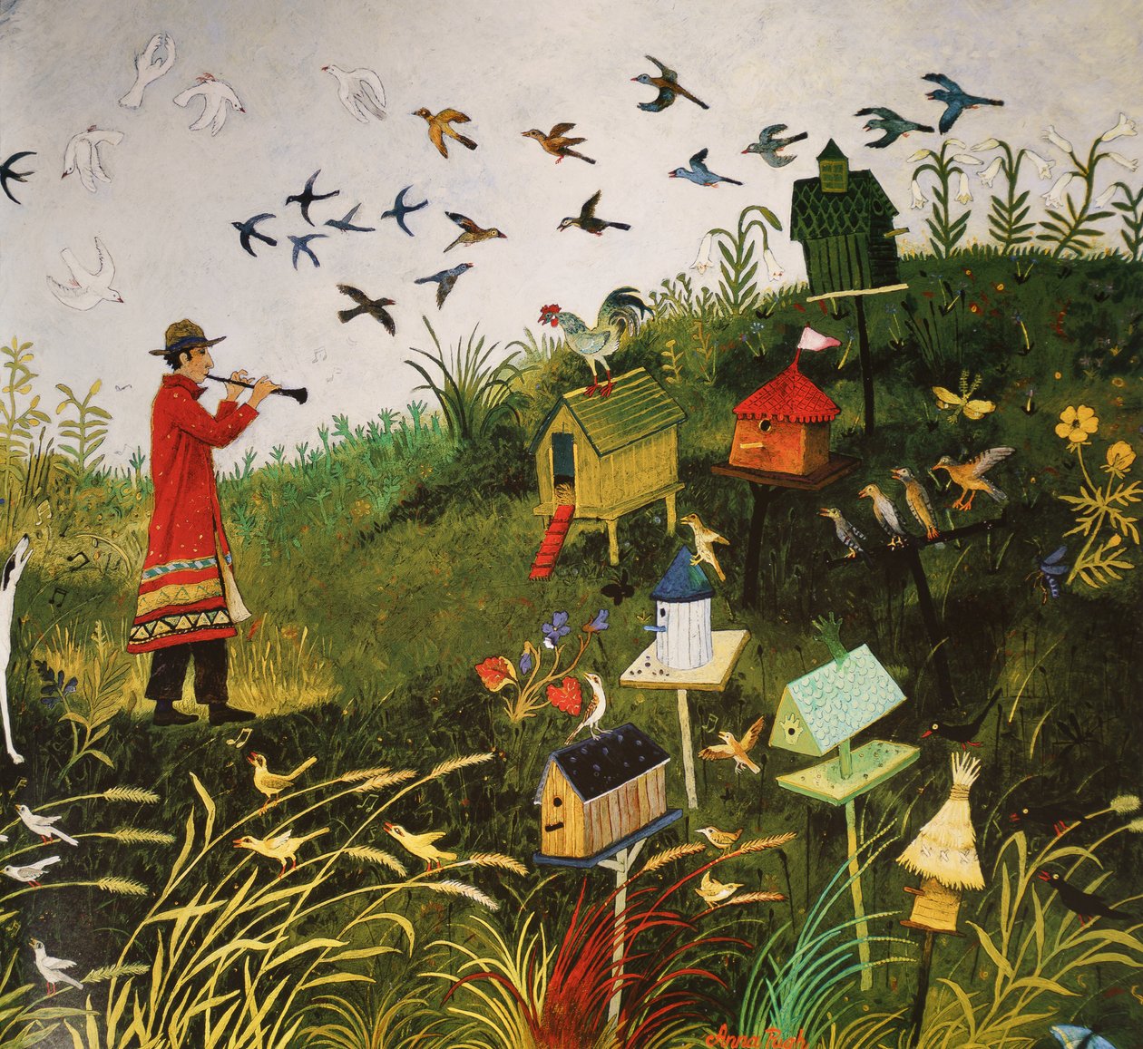 Oiseau Piper avec oiseaux noirs, 2001 (acrylique) - Anna Pugh
