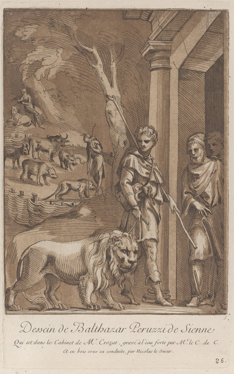 Un berger tenant un lion en laisse au premier plan, à l