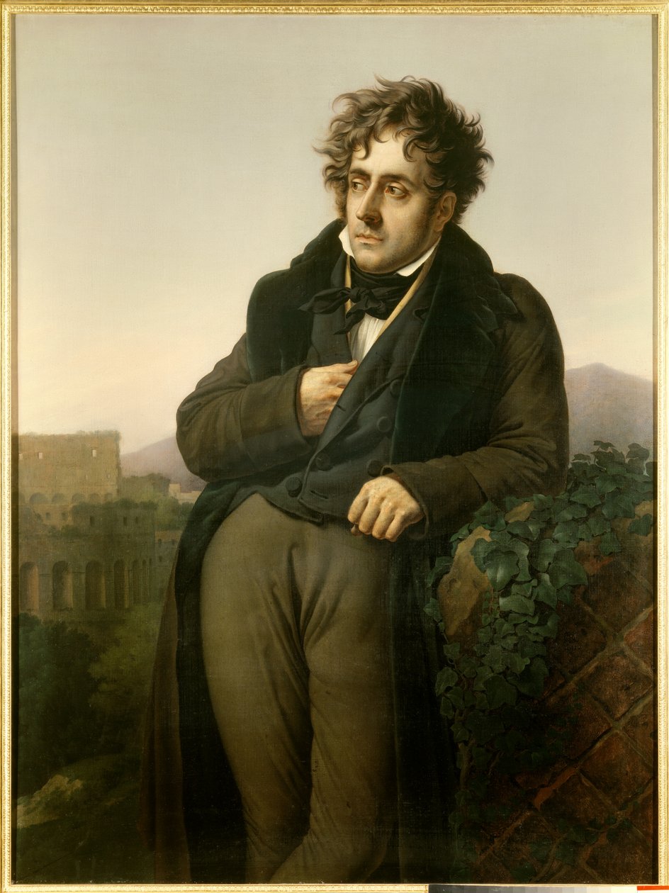 Portrait de François René, vicomte de Chateaubriand (1768-1848) méditant sur les ruines de Rome devant une vue du Colisée - Anne Louis Girodet de Roucy Trioson