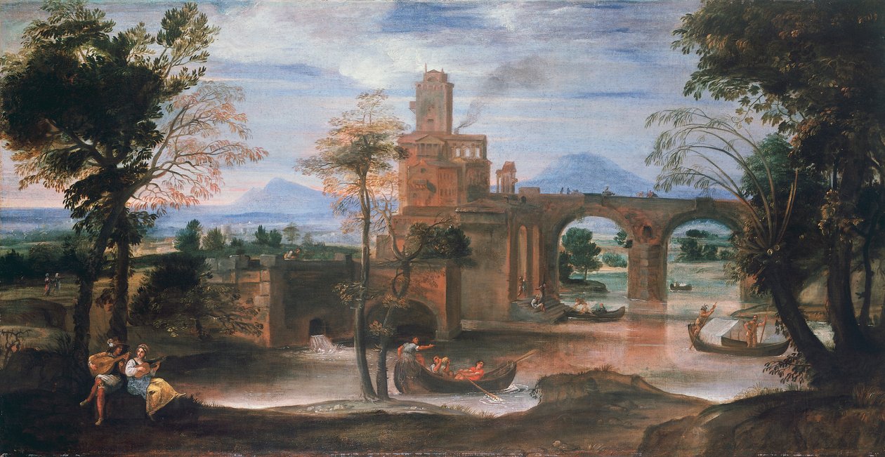 Paysage fluvial avec château et pont, vers 1598 - Annibale Carracci
