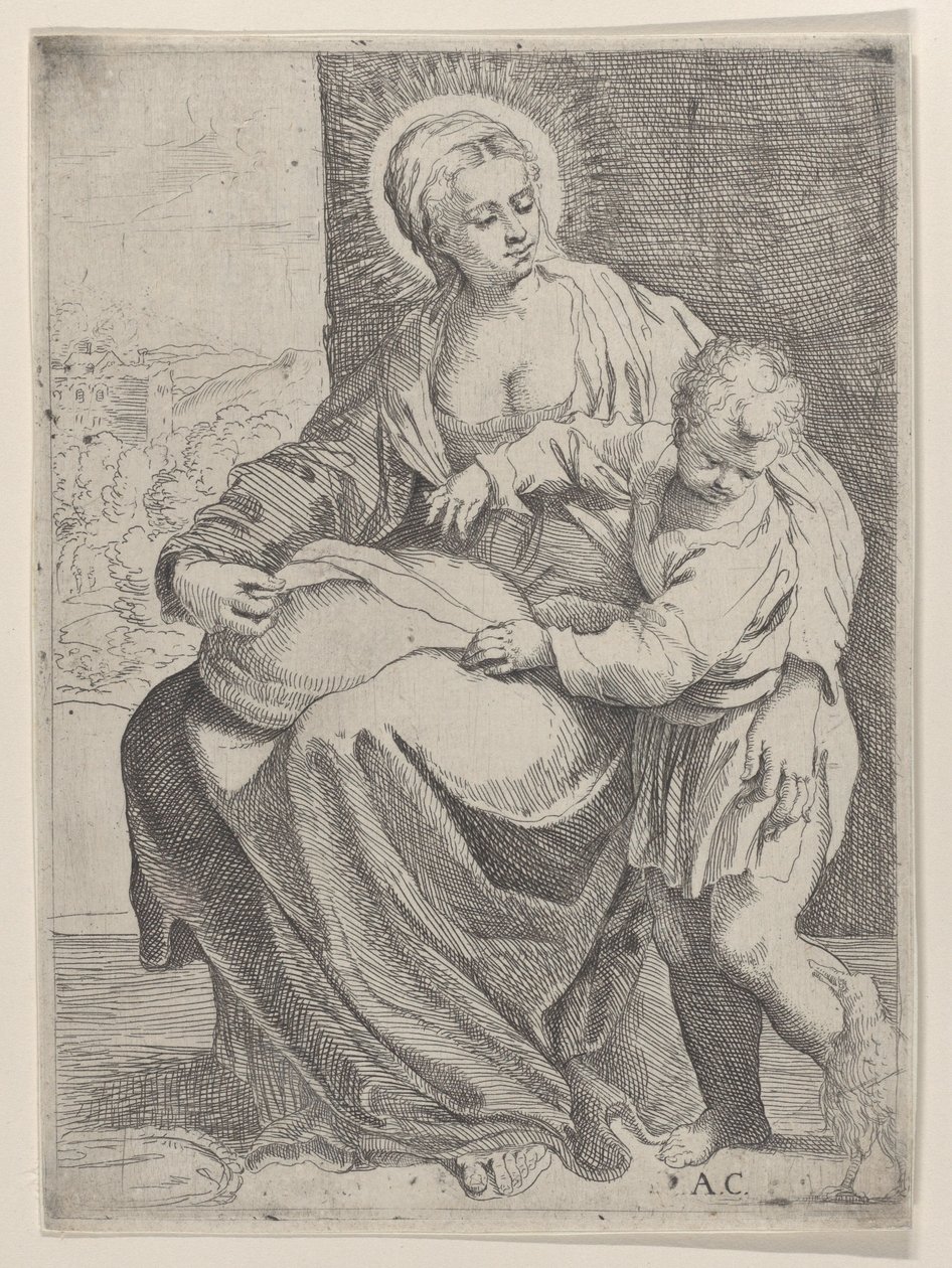 La Vierge assise tenant un coussin sur ses genoux avec le jeune Christ debout à droite, 1580-1600 - Annibale Carracci