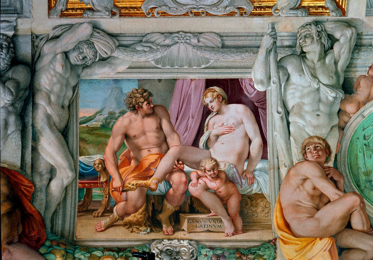 Vénus et Anchise Fresque par Annibale Carracci (Annibal Carrache) (1560-1609). 1597-1600 Rome, Palazzo Farnese - Annibale Carracci