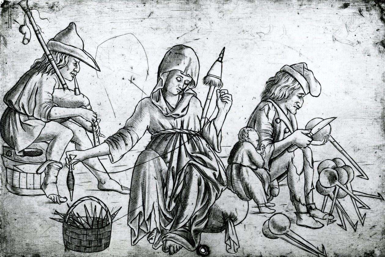 Scène avec un musicien jouant de la cornemuse, une femme filant et un homme sculptant des cuillères - Unbekannt Unbekannt