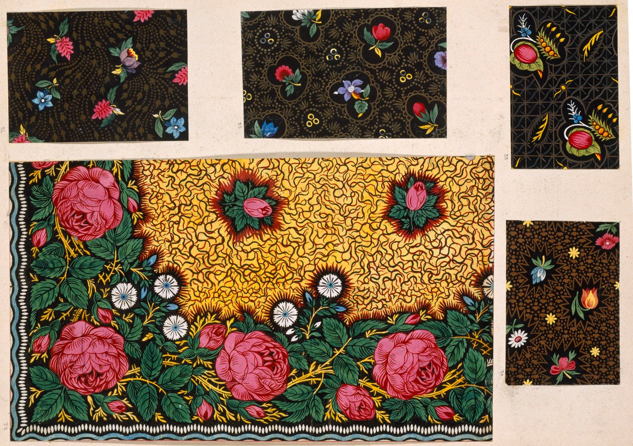 Design textile, roses roses avec guirlandes de couleurs supplémentaires. Français, début du 19ème siècle - Unbekannt Unbekannt