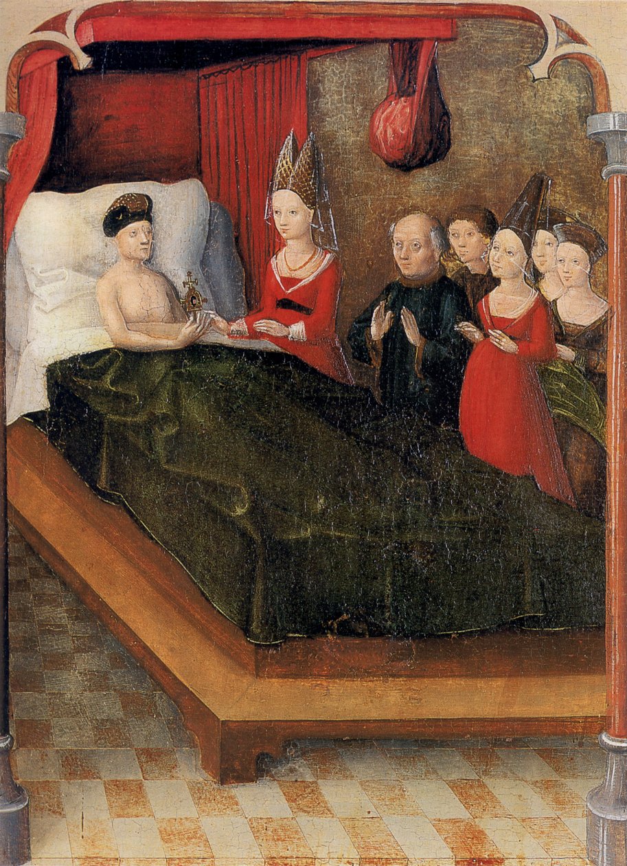 Tableau du Saint-Sang de Weingarten de 1489. Landesmuseum Württemberg, Stuttgart. Tableau 20 : À sa mort, le comte Balduin lègue la relique à sa fille Judith - Unknown