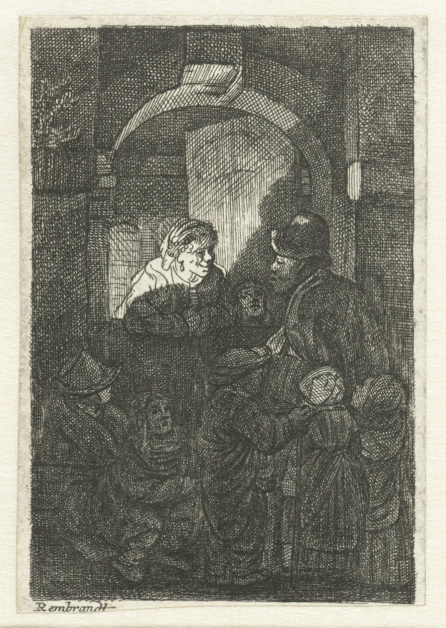 Un joueur de vielle suivi par des enfants à la porte d