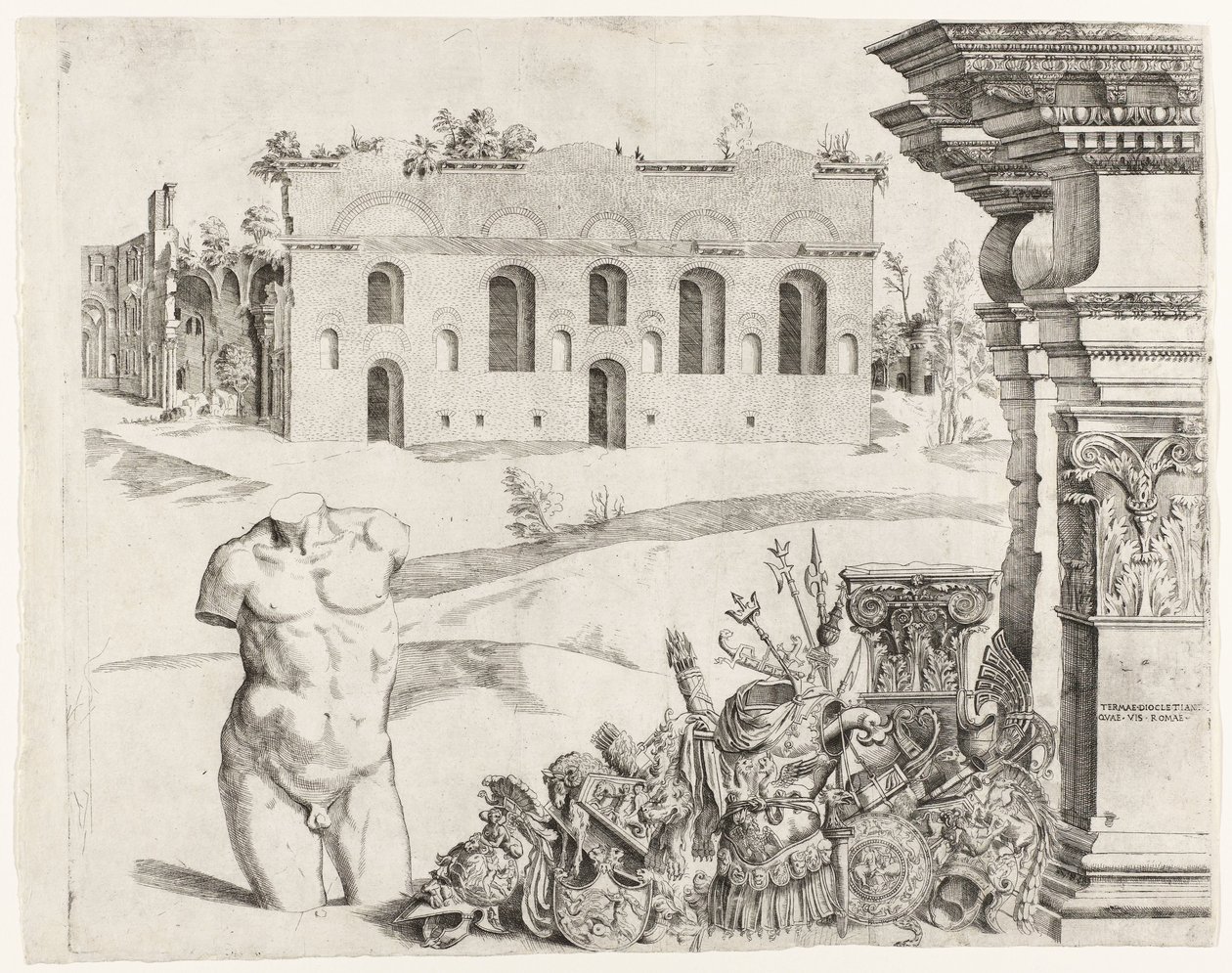 Caprice architectural avec spolia, un torse masculin et une vue sur les Thermes de Dioclétien - Anonymous