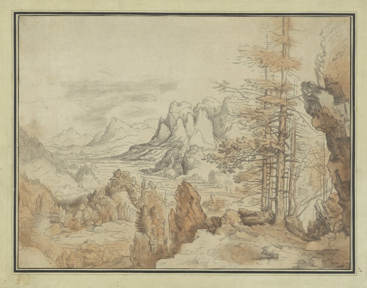 Paysage de montagne avec arbres et vue sur une vallée - Anonymous