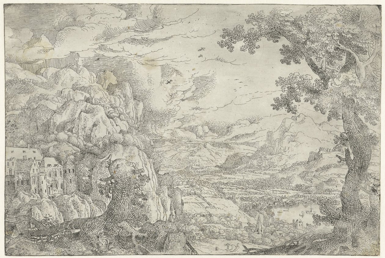 Paysage montagneux avec arbre élagué - Anonymous