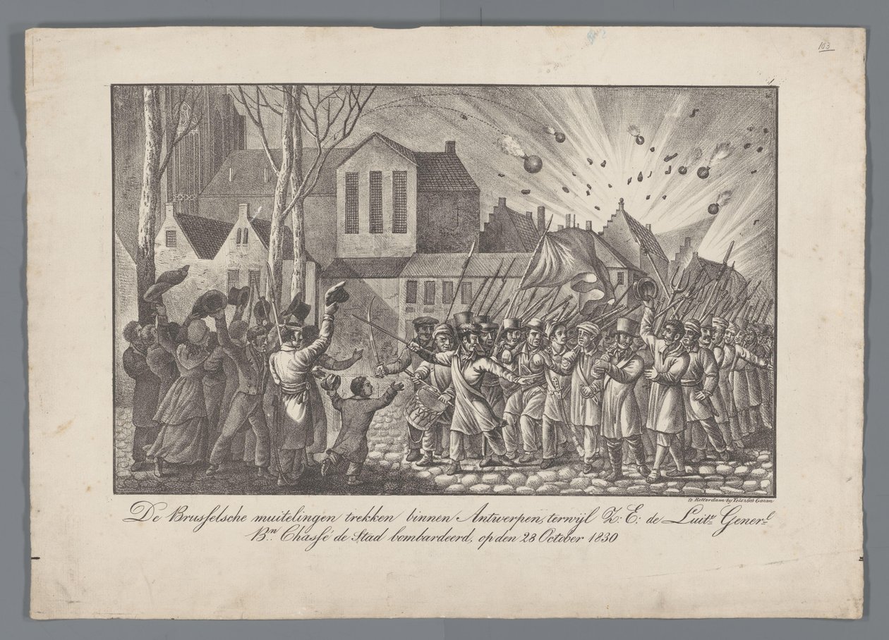 Les émeutiers bruxellois entrent à Anvers, tandis que le lieutenant général Bn. Chassé bombarde la ville, le 28 octobre 1830 - Anonymous