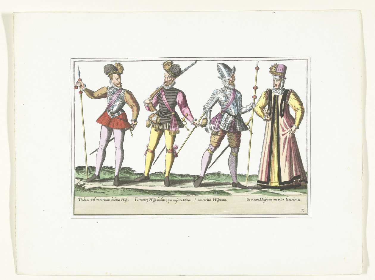Trois militaires espagnols en uniforme et une vivandière, vers 1580 - Anonymous