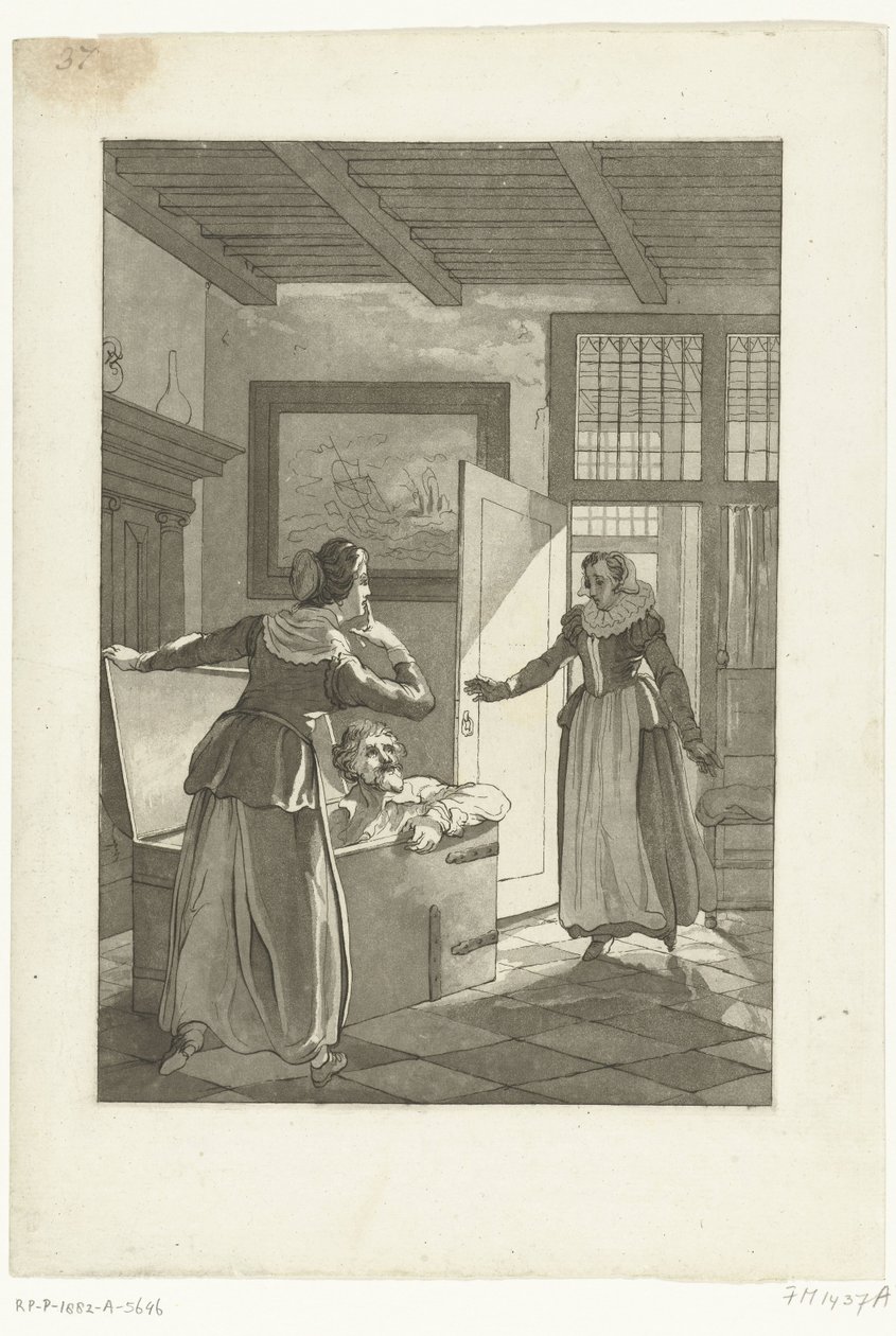 Elsje van Houweningen surprend Hugo de Groot dans le coffre à livres, 1621 - Anonymous