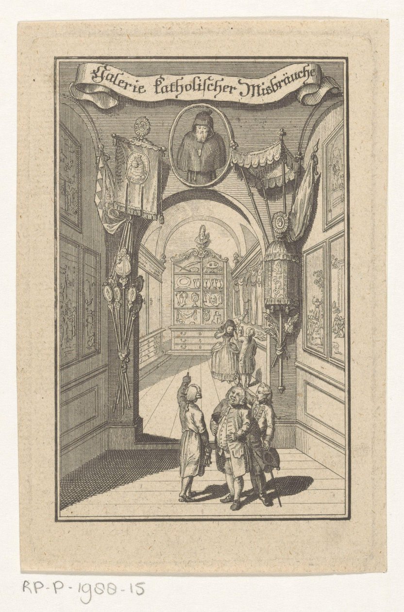 Figures dans une galerie avec portrait et objets liturgiques - Anonymous