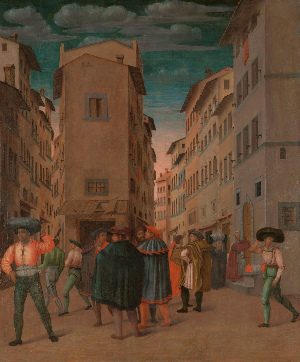 Scène de rue florentine avec douze personnages (Abriter le voyageur, une des sept œuvres de miséricorde) - Anonymous