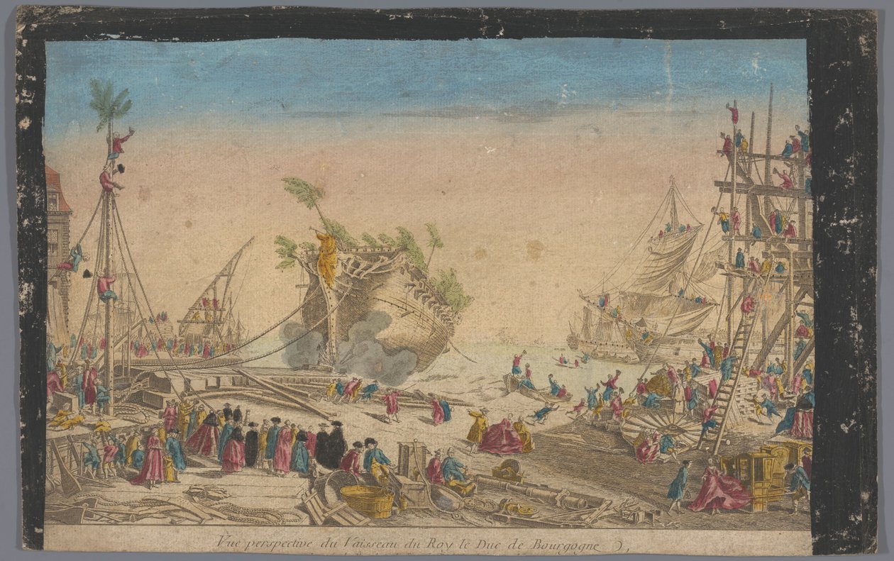 Vue sur le port de Rochefort avec le lancement du navire le Duc de Bourgogne le 20 octobre 1751 - Anonymous