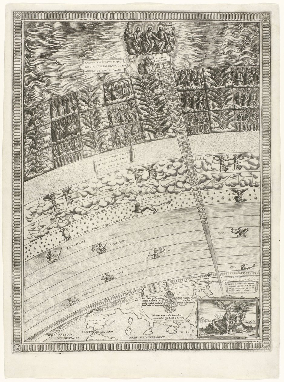 Carte du ciel avec coupe transversale des sphères célestes et Révélations de Jean - Anonymous