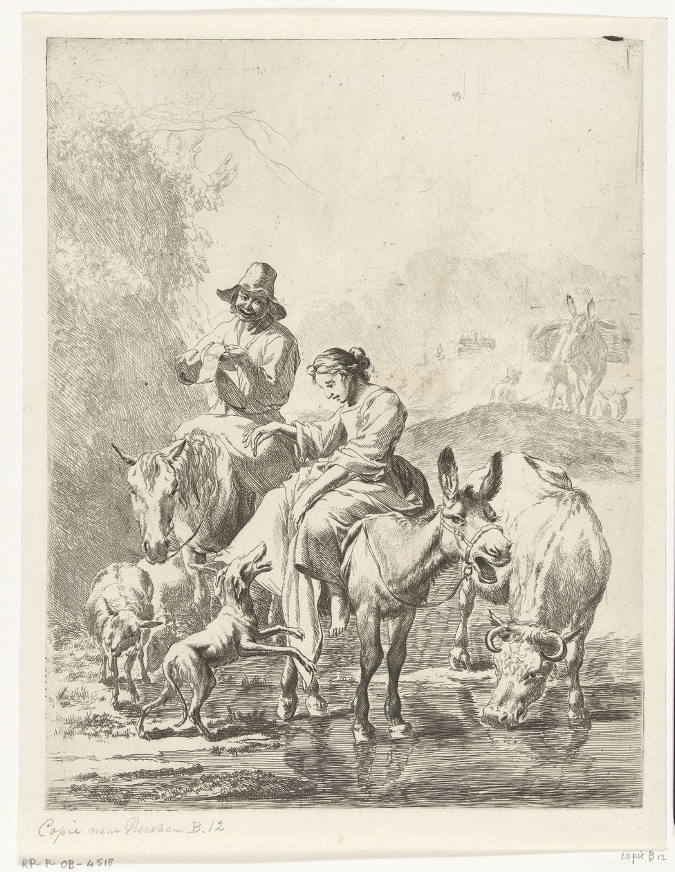 Bergère sur un âne et berger à cheval traversant un ruisseau - Anonymous