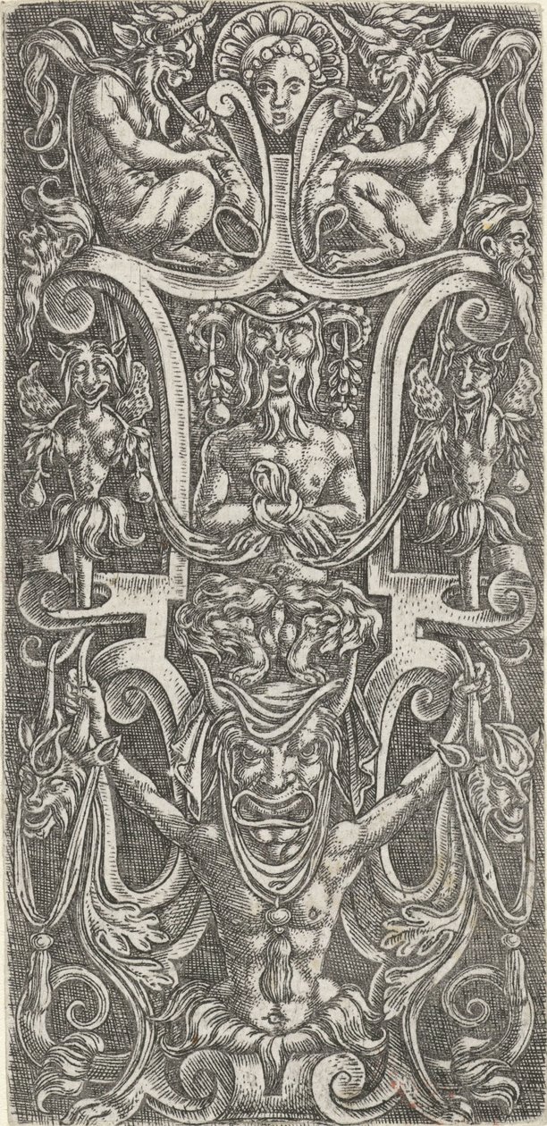 Au centre, un satyre assis sur un homme avec un grand masque (Décorations plates avec grotesques en ornement) - Anonymous
