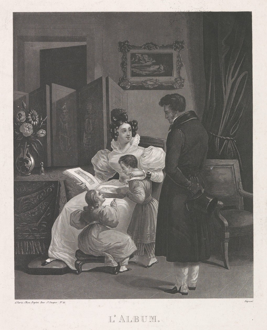 Intérieur avec une famille regardant un album de gravures - Anonymous
