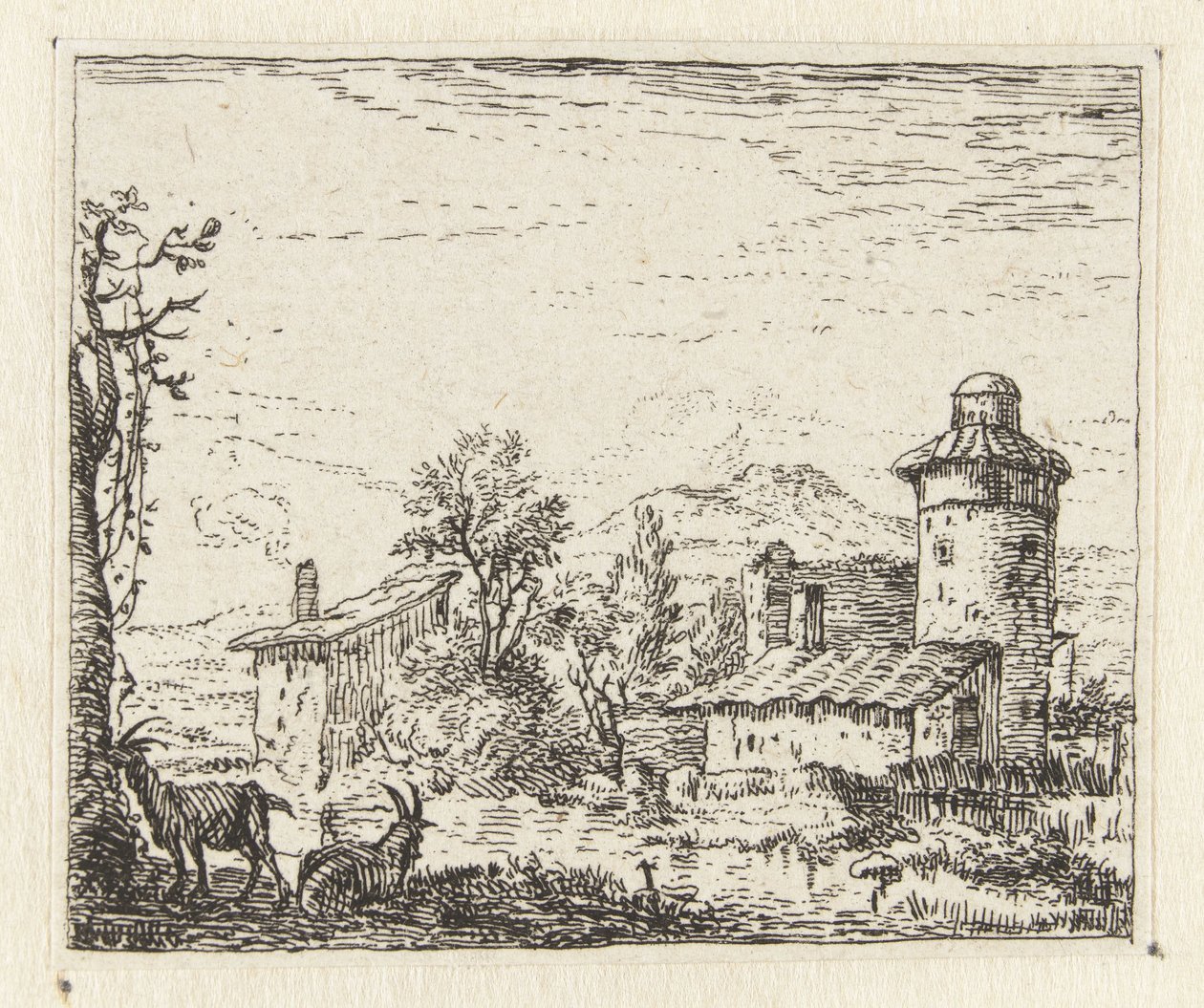 Paysage italianisant avec tour ronde et deux chèvres - Anonymous