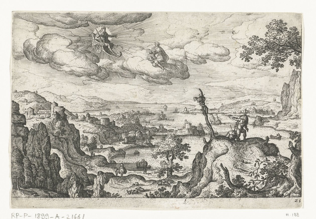 Jupiter dans son char et un autre dieu, Paysages avec des représentations mythologiques et bibliques (titre de la série) - Anonymous