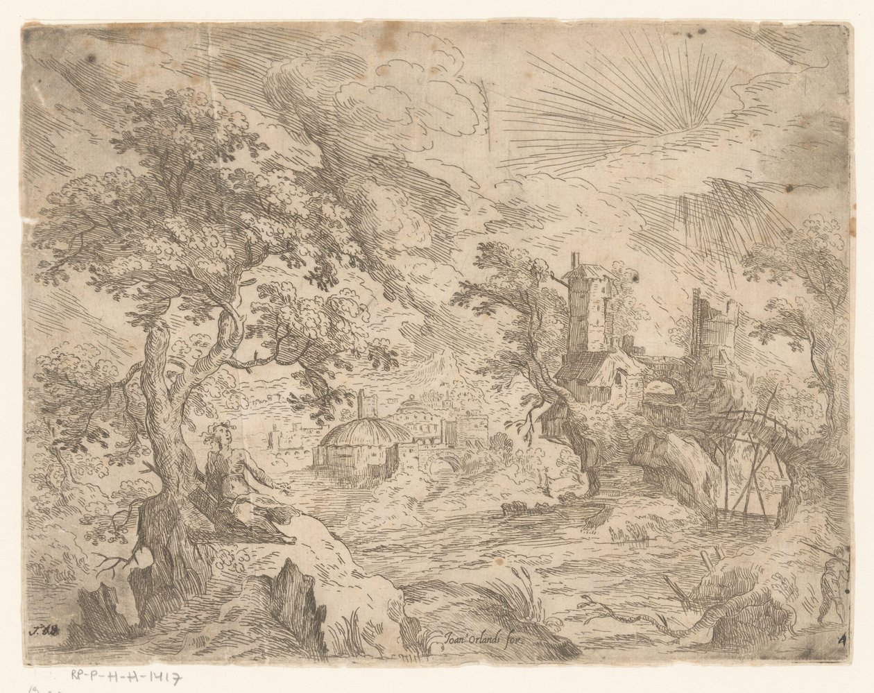 Paysage avec rivière et construction sur un rocher - Anonymous
