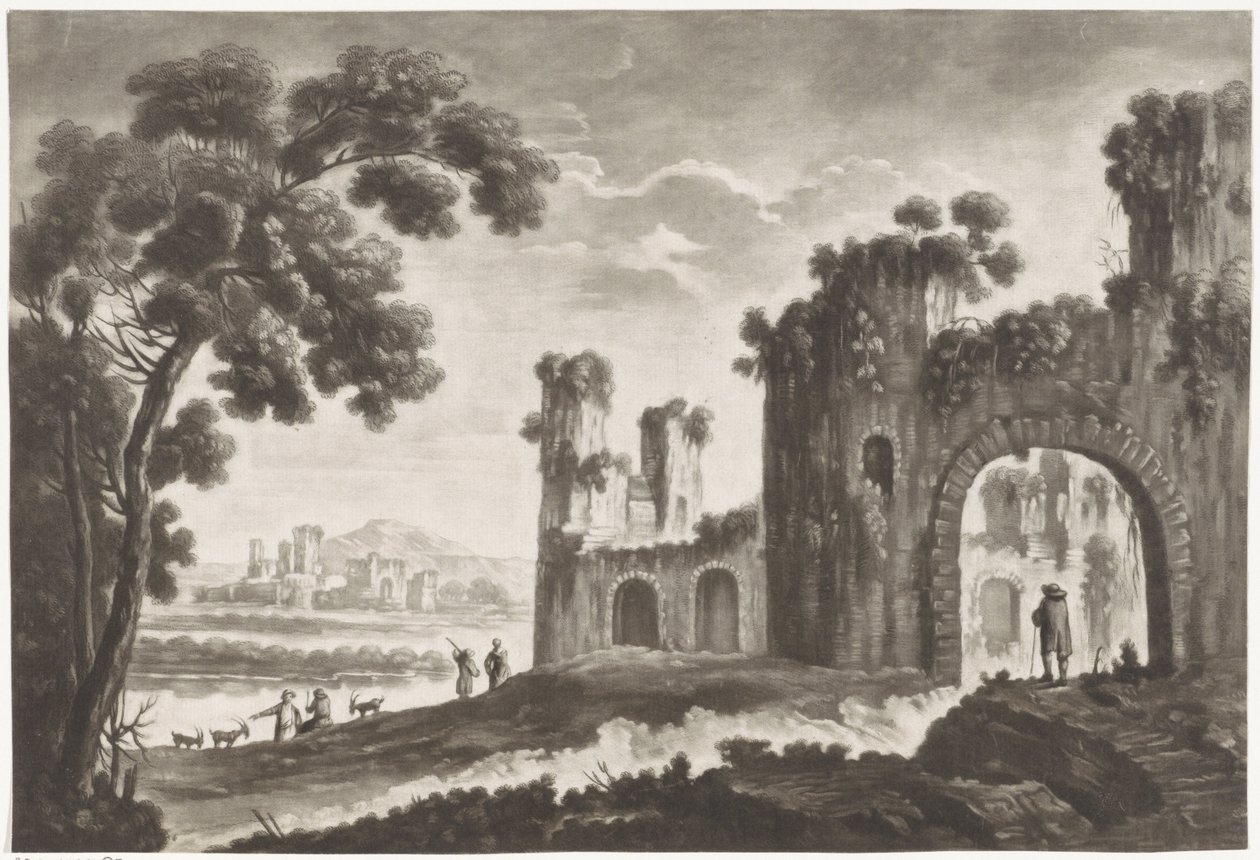 Paysage avec ruines, bergers et promeneurs - Anonymous