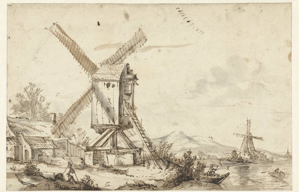 Paysage avec deux moulins à vent - Anonymous