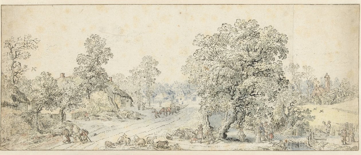 Paysage avec promeneurs, un berger et beaucoup d