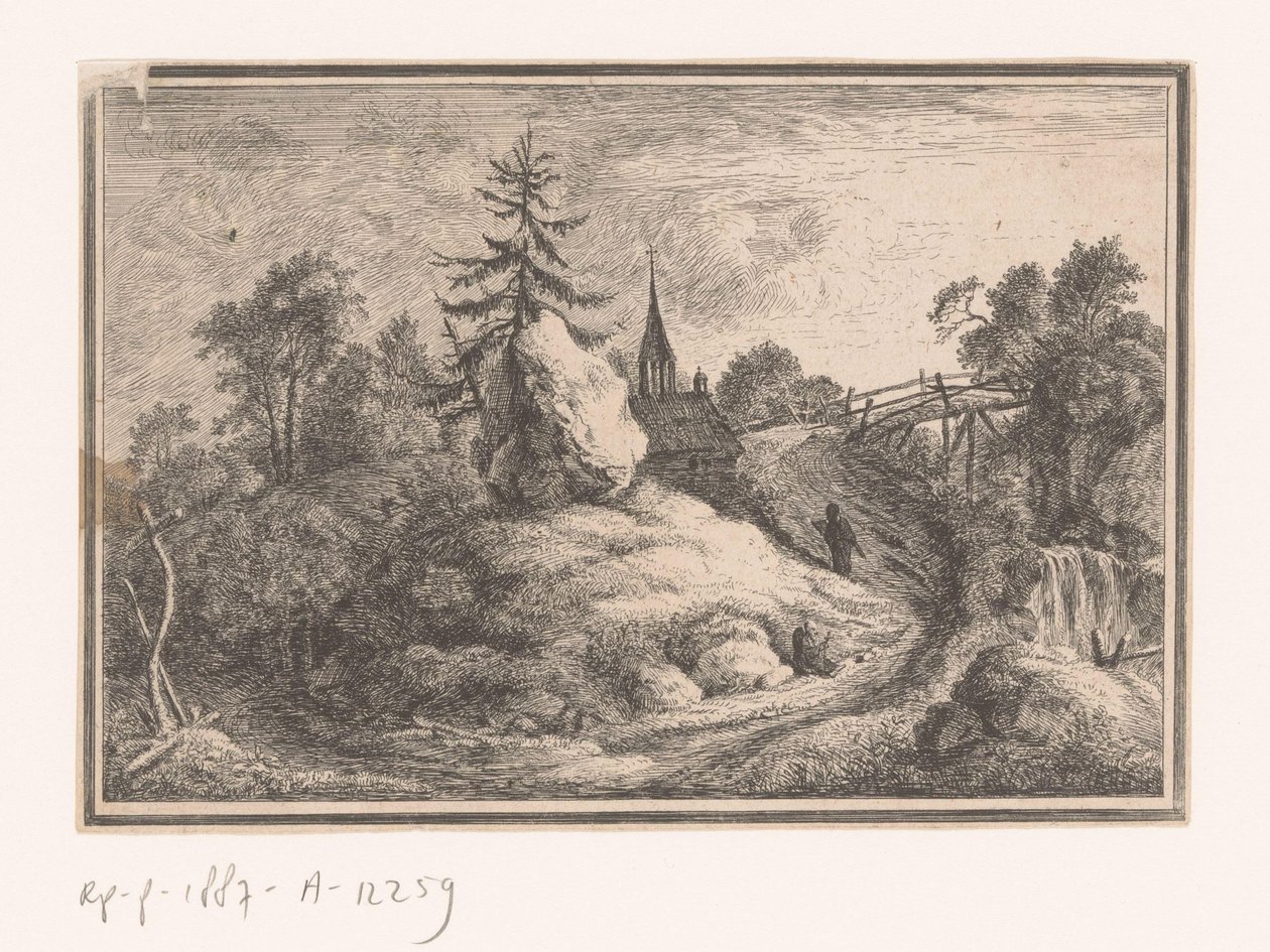 Paysage avec cascade et une église - Anonymous