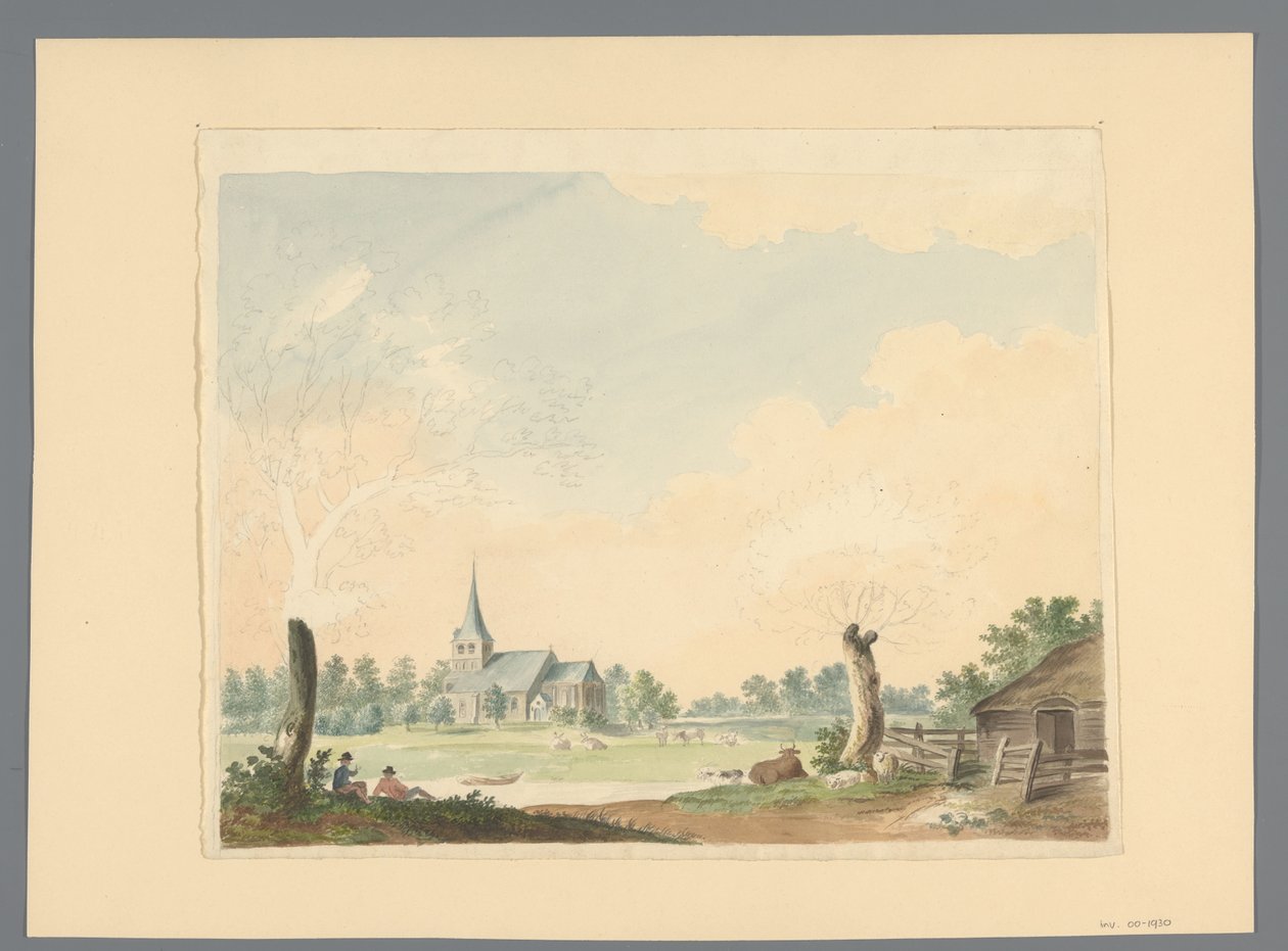 Paysage avec vue sur un pré et une église - Anonymous