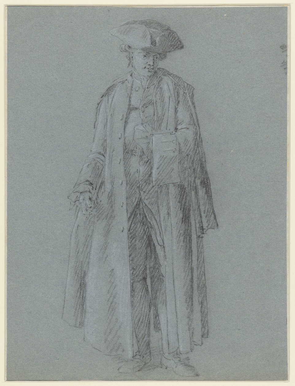 Homme avec tricorne en manteau très long, une main dans son gilet - Anonymous