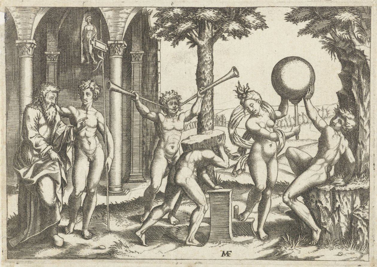 Homme avec deux trompettes et homme avec pierre sur son dos flanqué par homme et femme avec globe et vieil homme et jeune homme - Anonymous