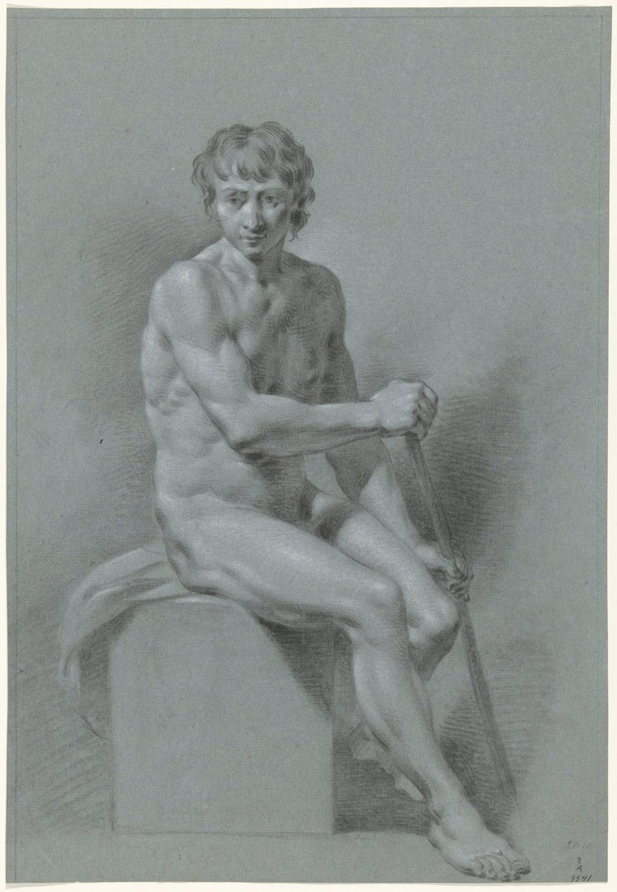 Nu masculin assis sur un bloc, un bâton dans chaque main (ramant ?) - Anonymous