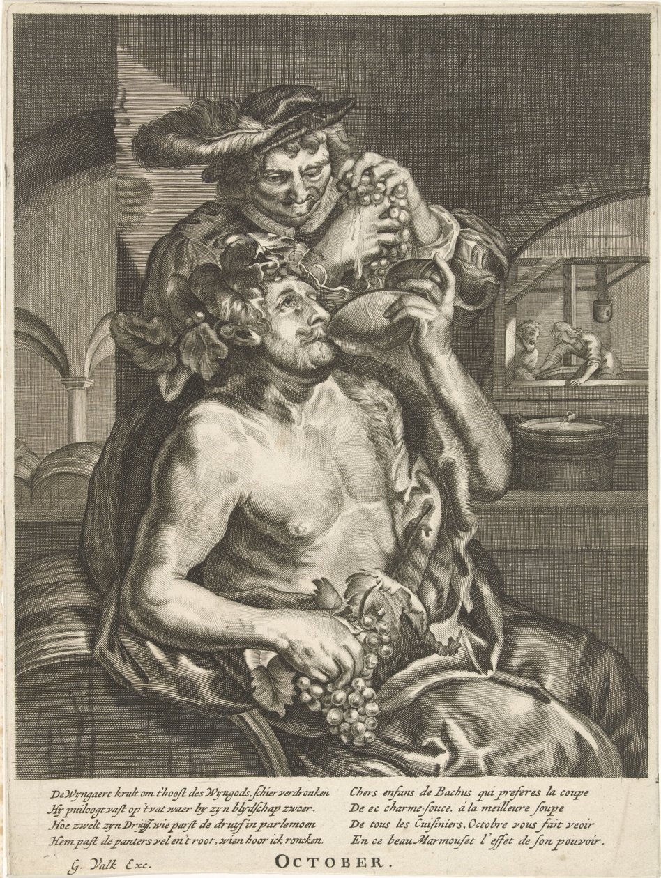 Octobre : Bacchus buvant du vin - Anonymous