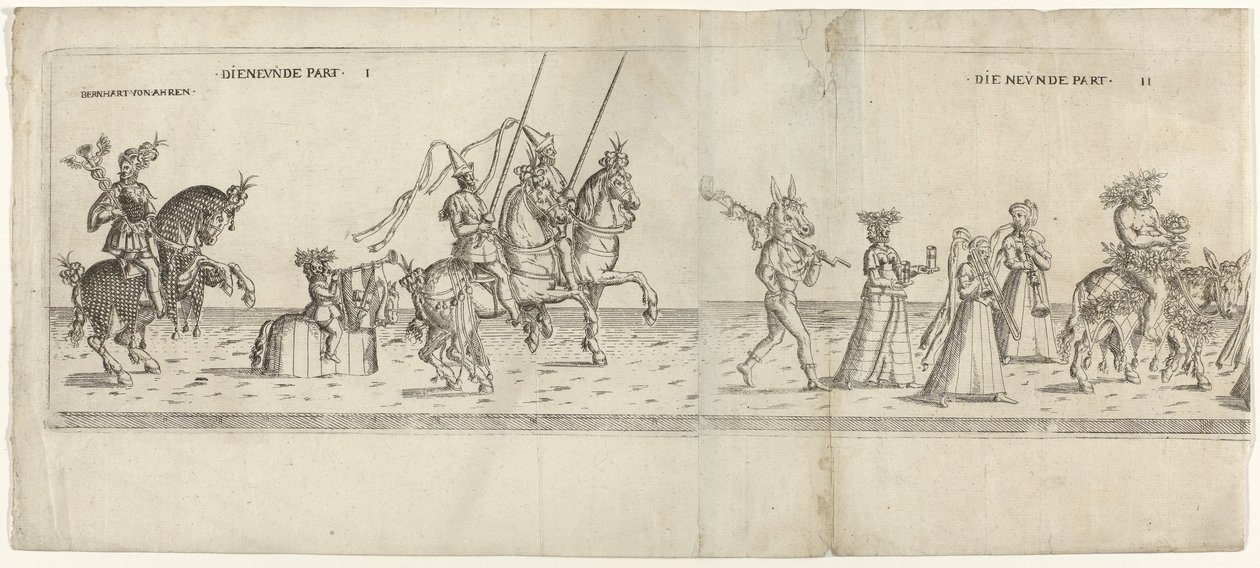 Défilé avec des personnages déguisés, y compris le cavalier Bernhart von Ahren, un âne avec une broche, Janus, Bacchus sur un âne et deux musiciens - Anonymous
