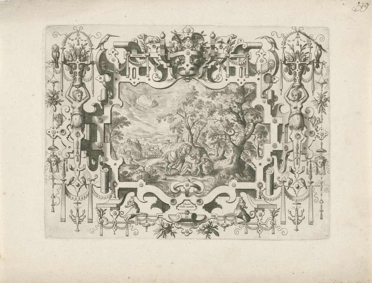 Encadrement ornemental avec figures et paysage du Bon Samaritain - Anonymous