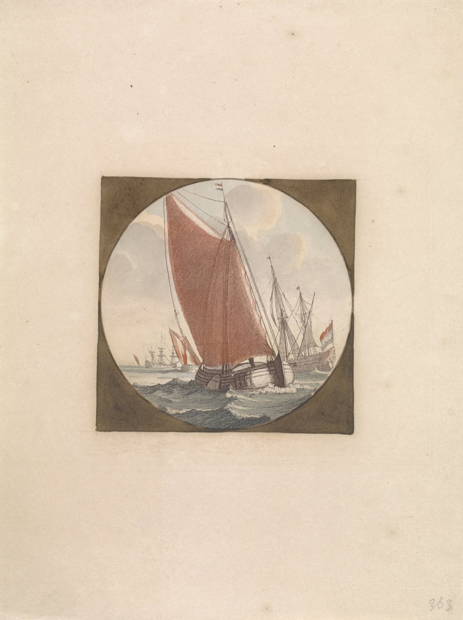 Bateau à fond plat avec voiles pleines - Anonymous