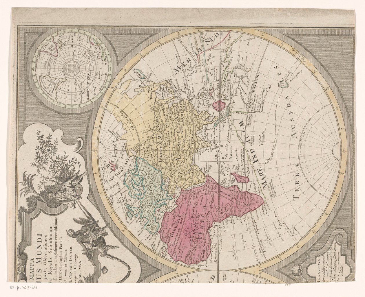 Rechterhelft van een wereldkaart, met het oostelijk halfrond Mappa totius mundi : adornata juxta observationes - Anonymous